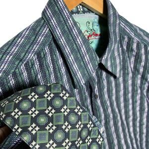 ROBERT GRAHAM Men’s Blue and Green Embroidered Long Sleeve Button Up
